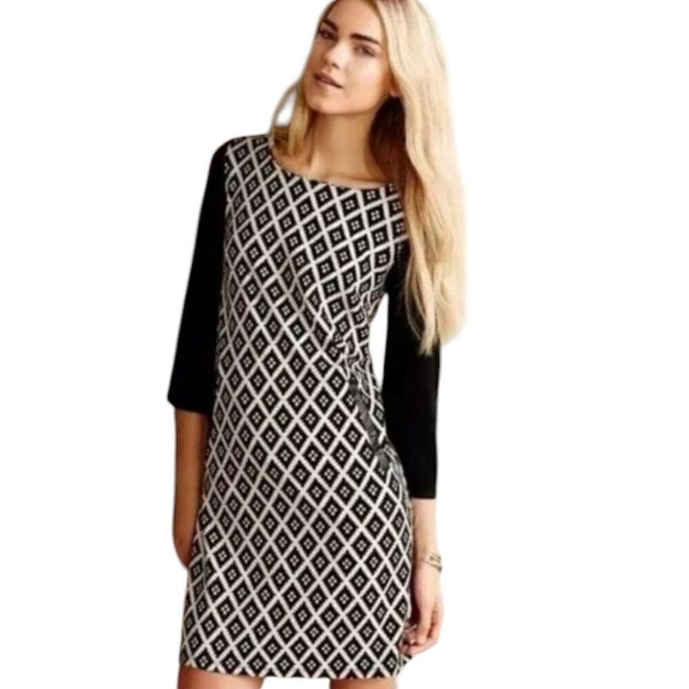 Anthropologie THML Isadora Diamond Patterned Shift Dress 3/4 Sleeve XS